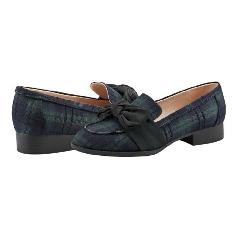 Bandolino Black and Dark Green Plaid Bow Loafers